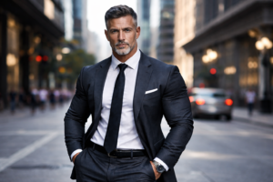 Lean, muscular executive reviewing health metrics in a modern medical office (TRT for high-performing professionals)